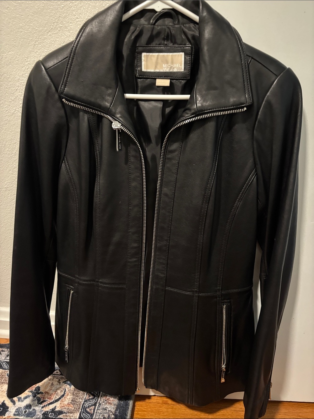 Michael Kors Black Leather Bomber Jacket with Zip Pockets